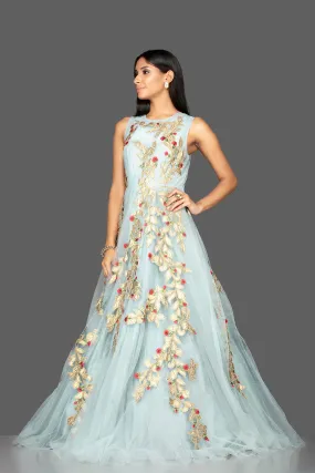 502511 Powder Blue Designer Gown with Golden Applique Work