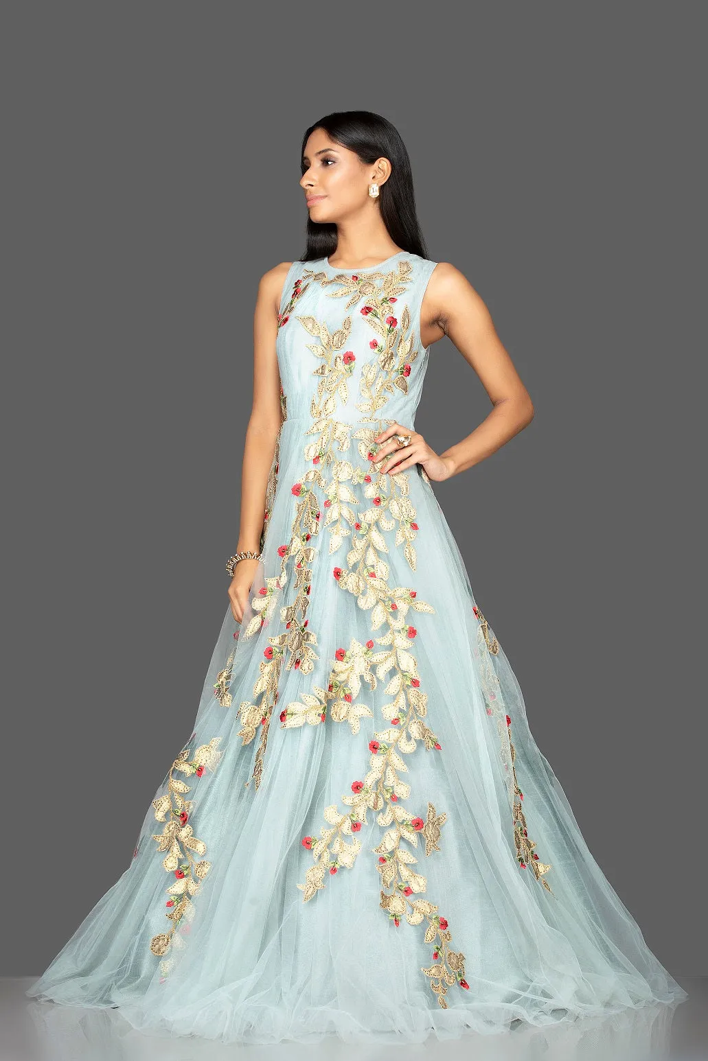 502511 Powder Blue Designer Gown with Golden Applique Work