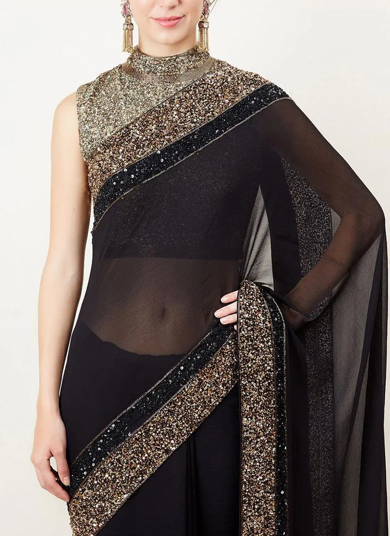 Admirable Black Color Georgette Base Designer Party Wear Saree