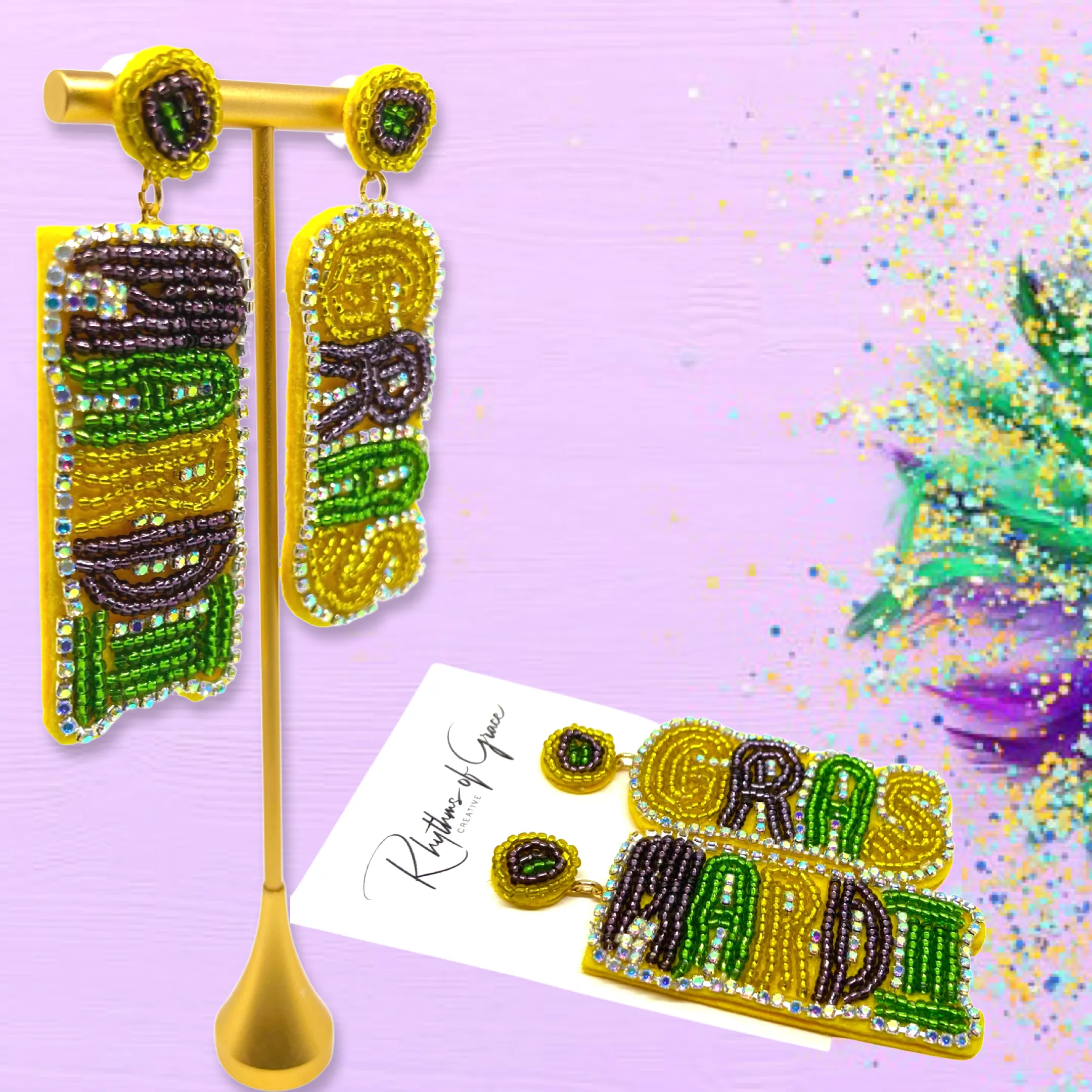 Beaded Mardi Gras Earrings - Purple Green Gold, Mardi Gras Mask, New Orleans, Mardi Gras Jewelry, Beaded Earrings, Mardi Gras Accessories