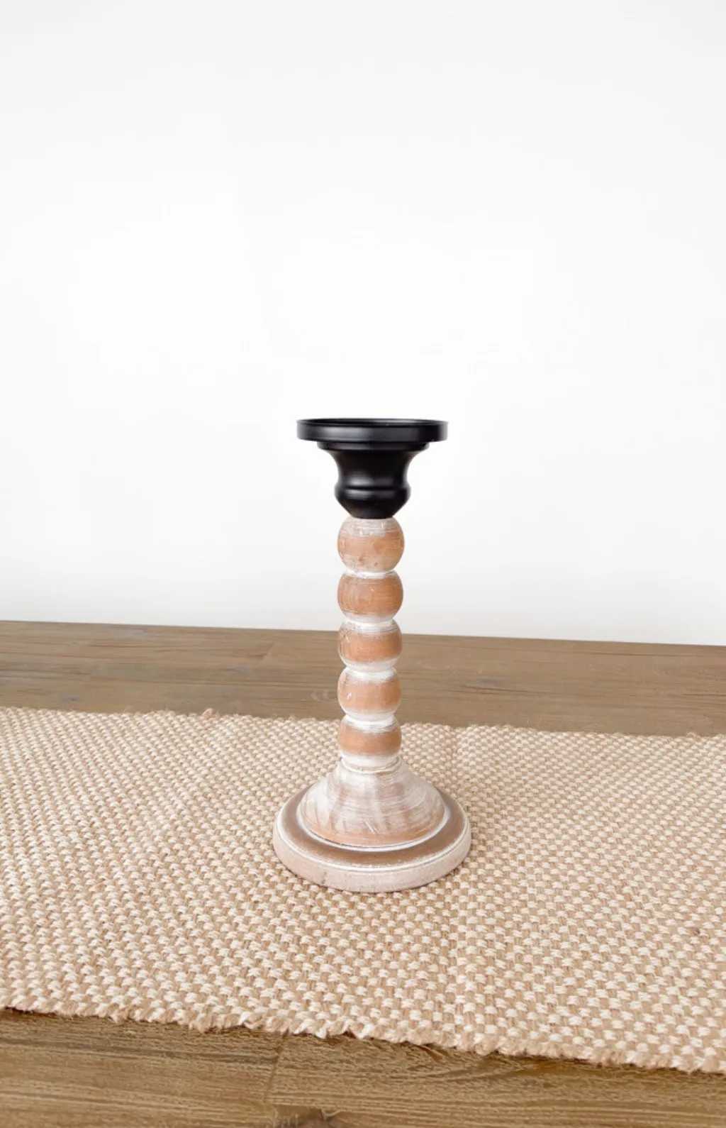 Beaded Wood & Black Metal Candle Holder