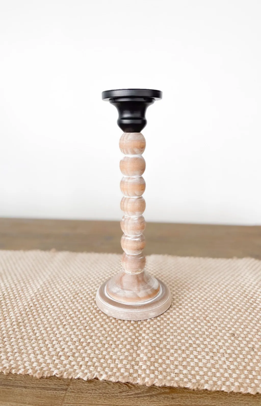 Beaded Wood & Black Metal Candle Holder