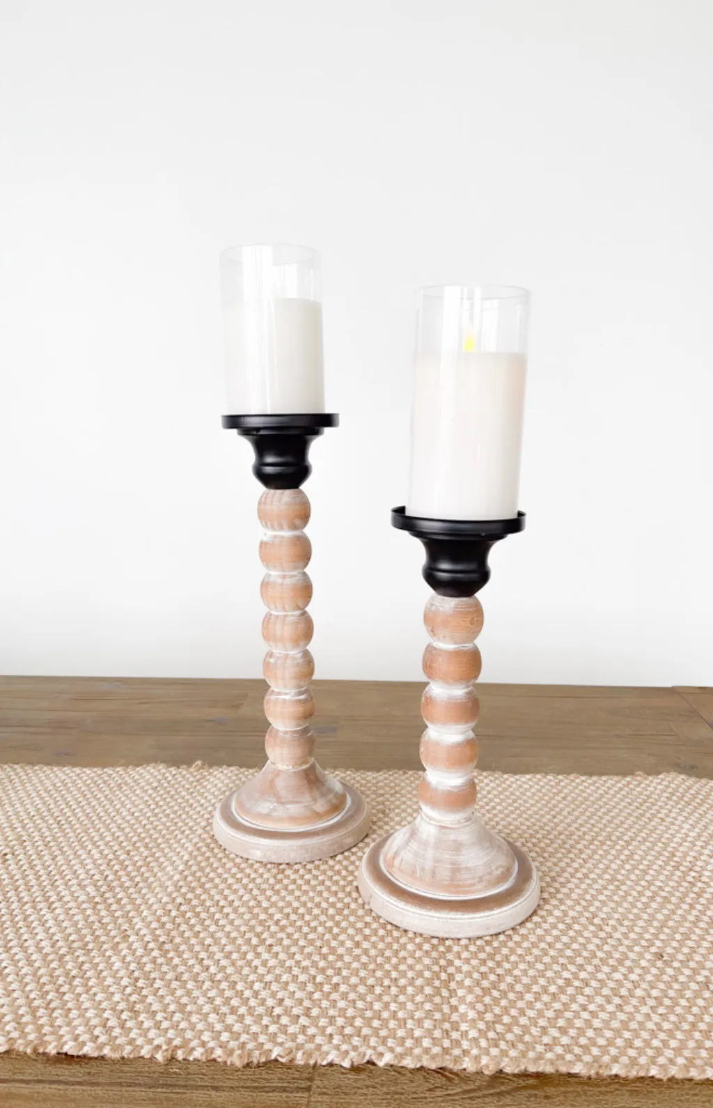 Beaded Wood & Black Metal Candle Holder