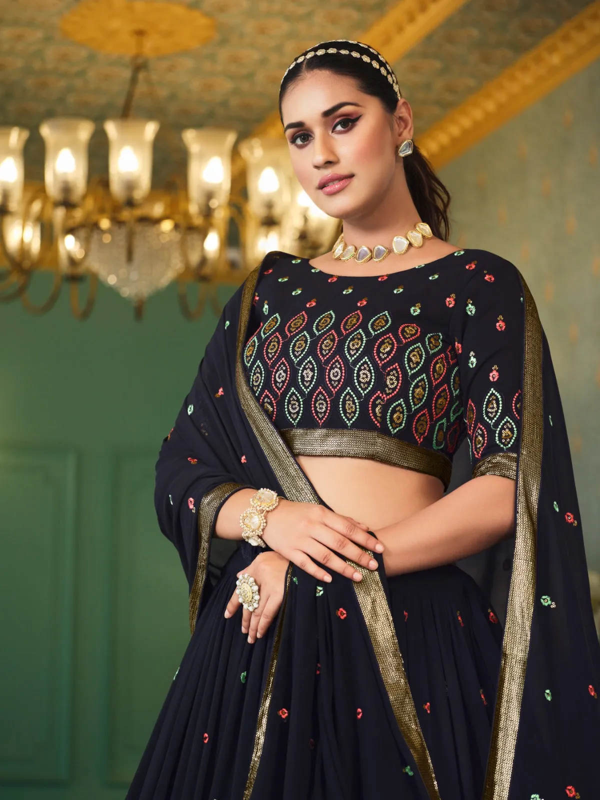 Black Embroidery And Sequin Semi Stitched Lehenga