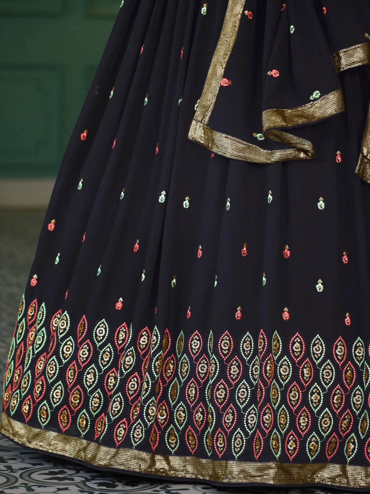 Black Embroidery And Sequin Semi Stitched Lehenga