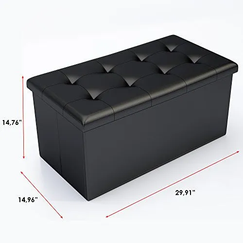 BLACK FAUX LEATHER OTTOMAN STORAGE BENCH -GREAT AS A DOUBLE SEAT OR A FOOTSTOOL, COFFEE TABLE, KIDS TOY CHEST TRUNK, POUFFE LIVING ROOM FURNITURE - SPACE SAVING ORGANIZER SOLUTION