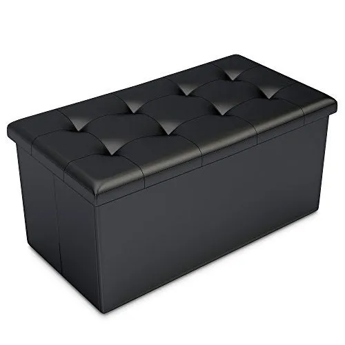 BLACK FAUX LEATHER OTTOMAN STORAGE BENCH -GREAT AS A DOUBLE SEAT OR A FOOTSTOOL, COFFEE TABLE, KIDS TOY CHEST TRUNK, POUFFE LIVING ROOM FURNITURE - SPACE SAVING ORGANIZER SOLUTION