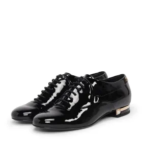 Chanel Black Patent Lace-Up CC Loafers 37.5