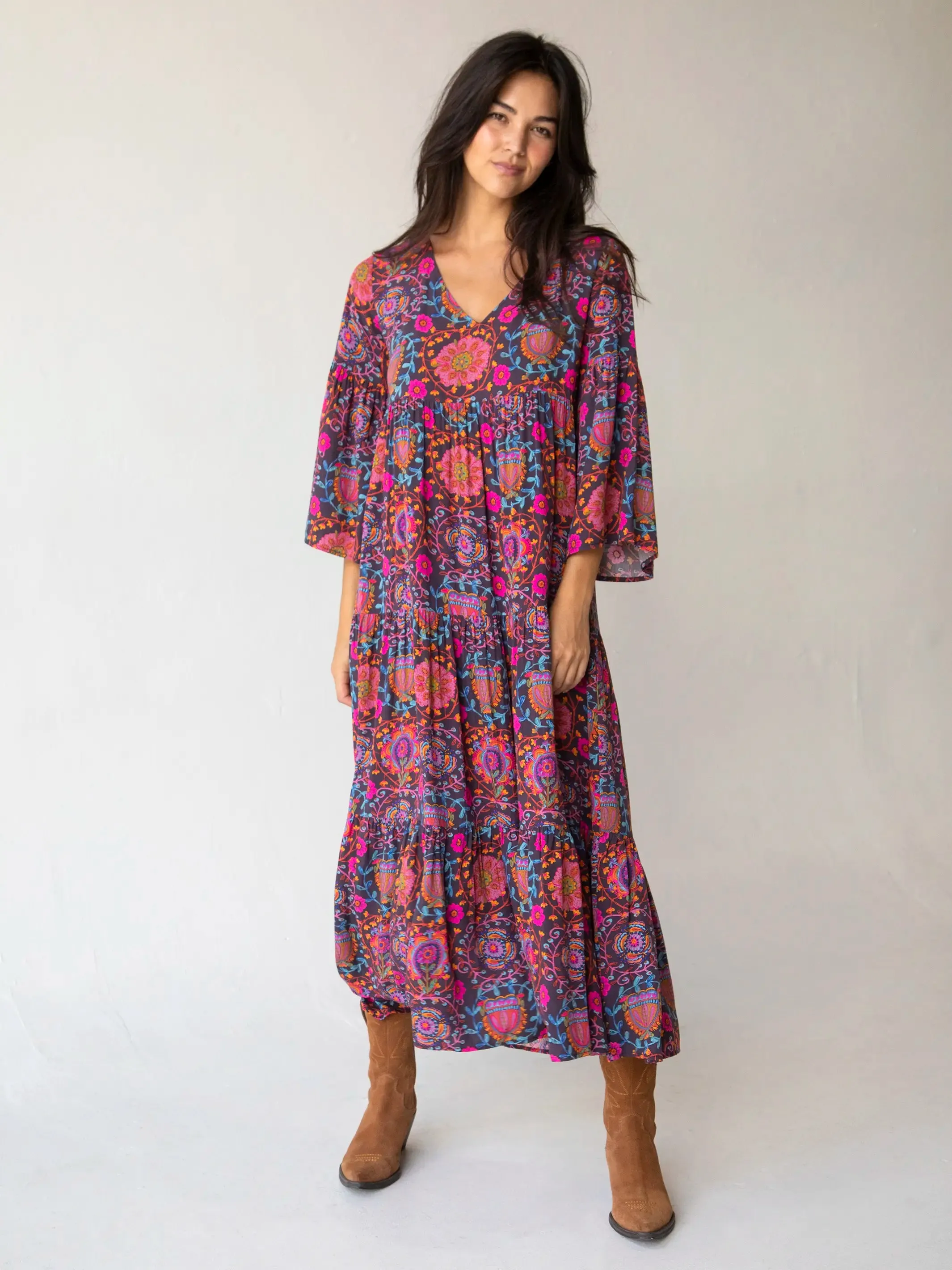 Charlotte Midi Dress - Black Printed Folk Circles