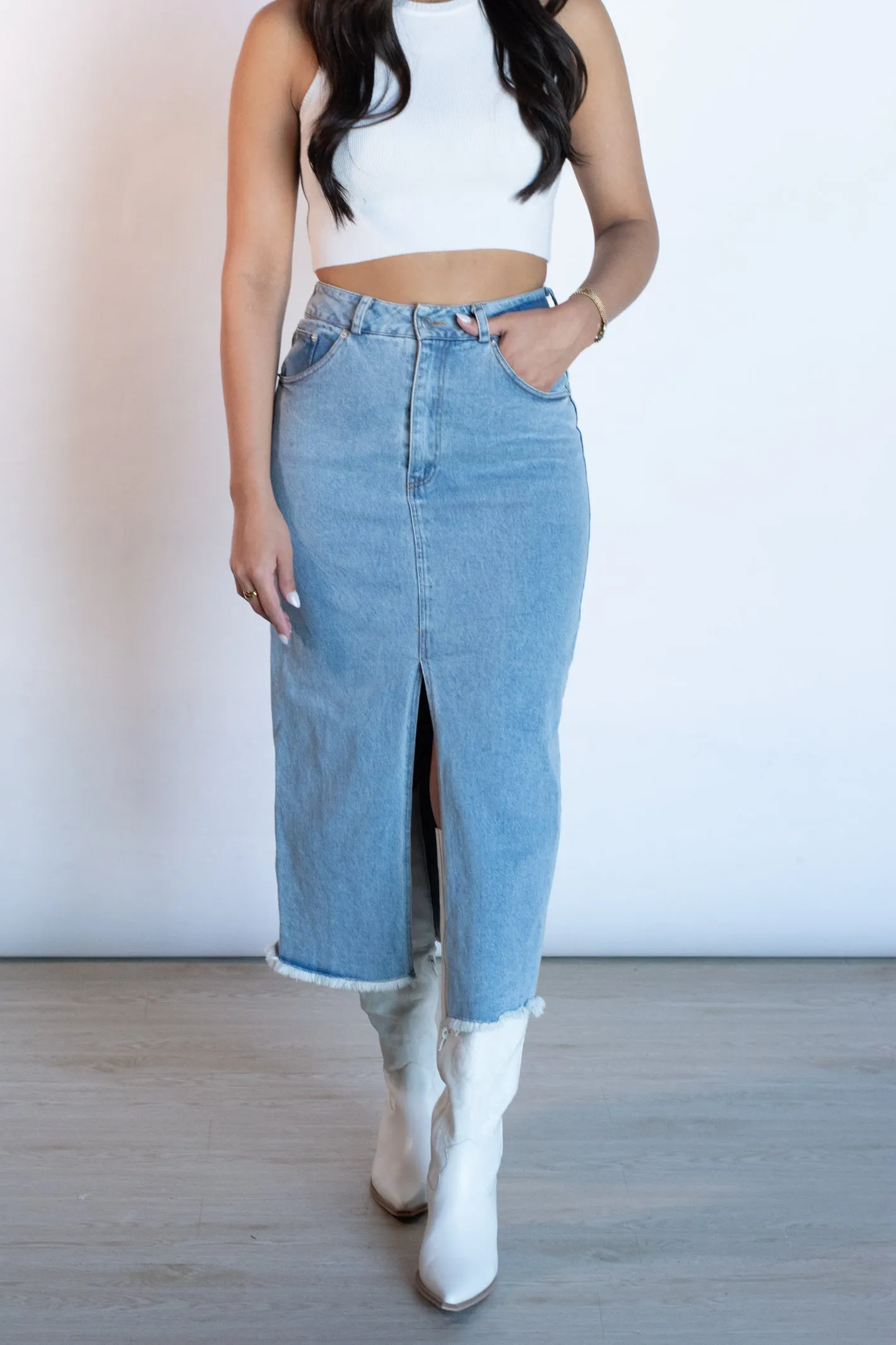 Ease My Mind Denim Midi Skirt