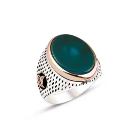 Green Agate Stone Ellipse Silver Men’s Ring Siding Teardrop Pattern and Ottoman Tughra