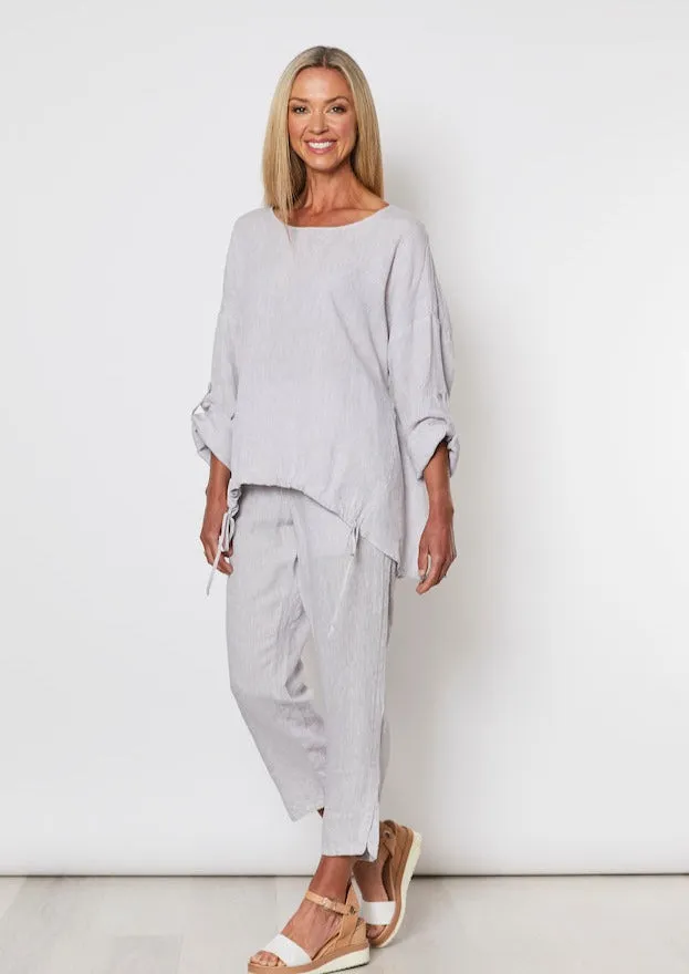 Linen Tab Sleeve Top  - Silver