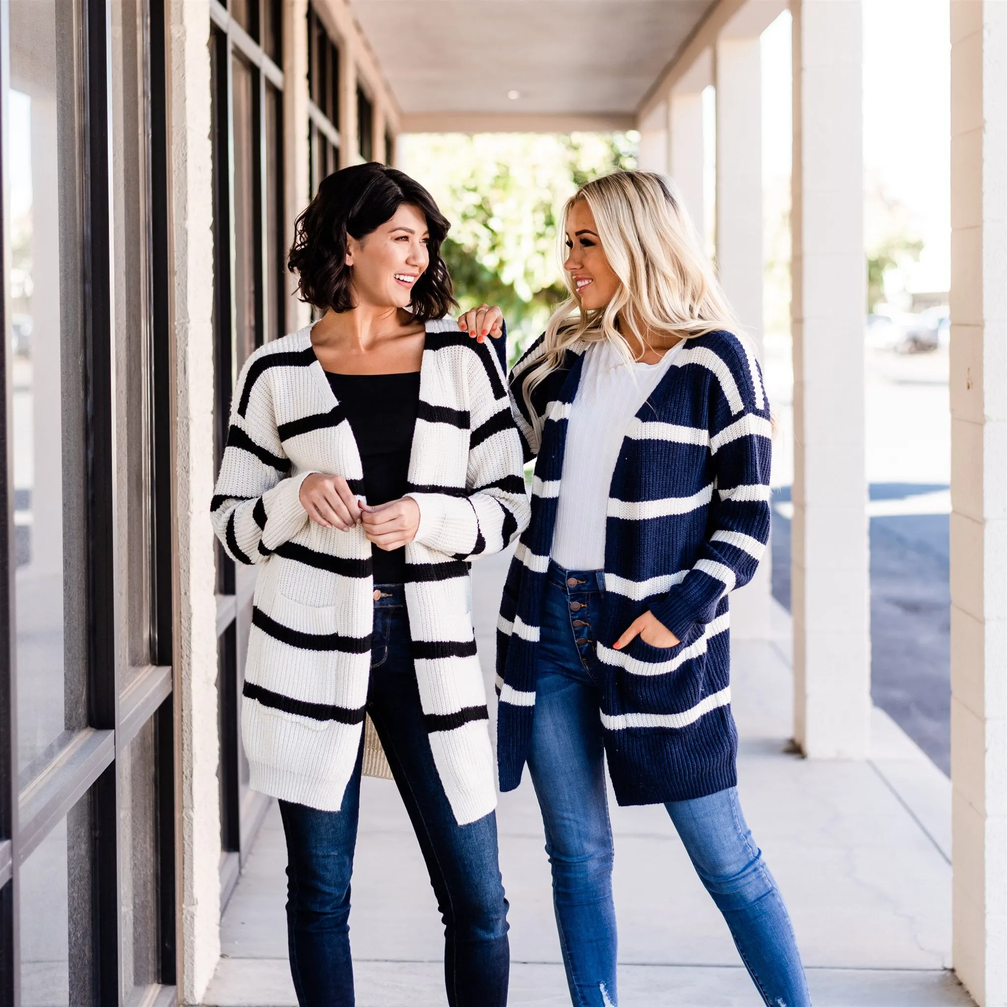 Long Cozy Striped Cardigan: Navy/Ivory