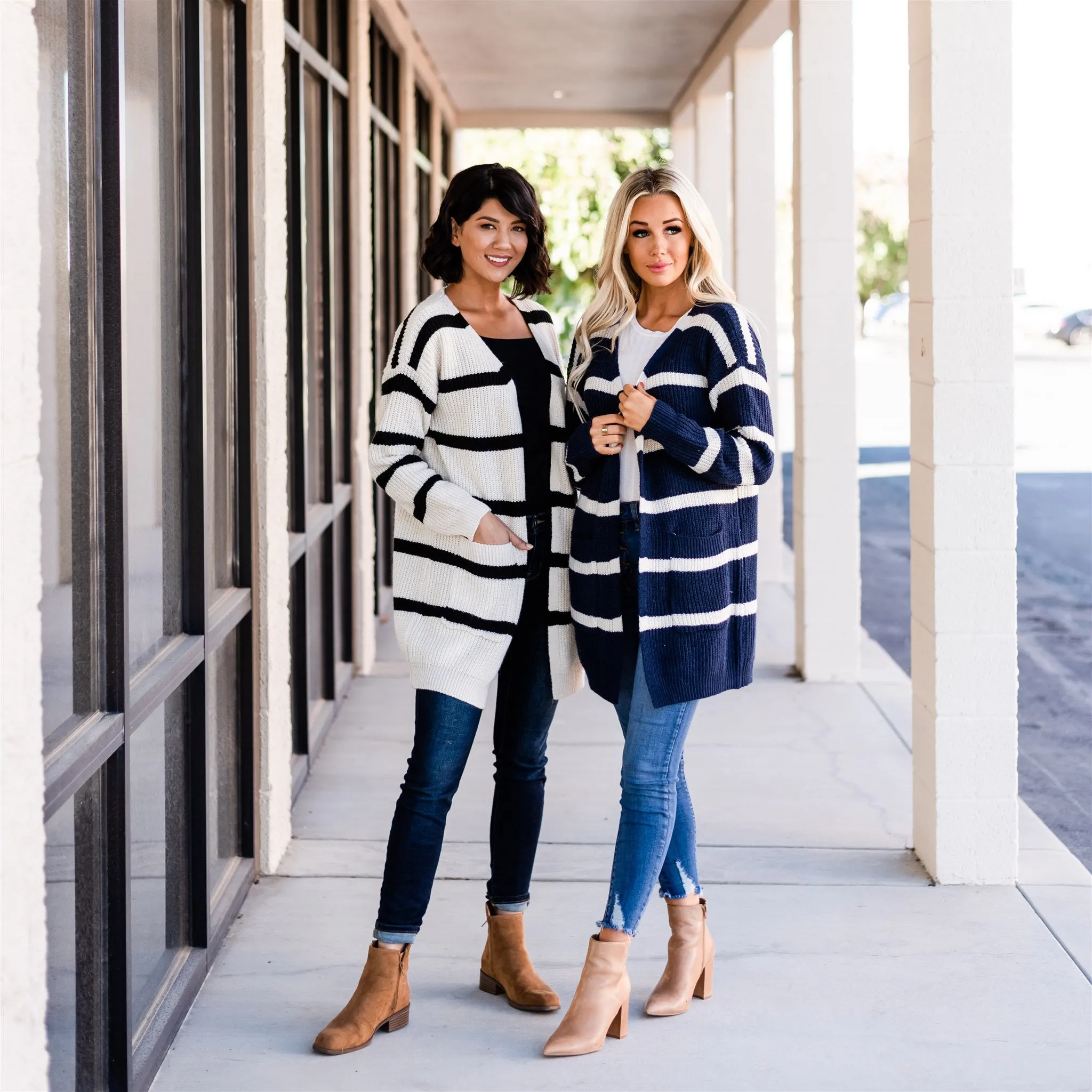 Long Cozy Striped Cardigan: Navy/Ivory