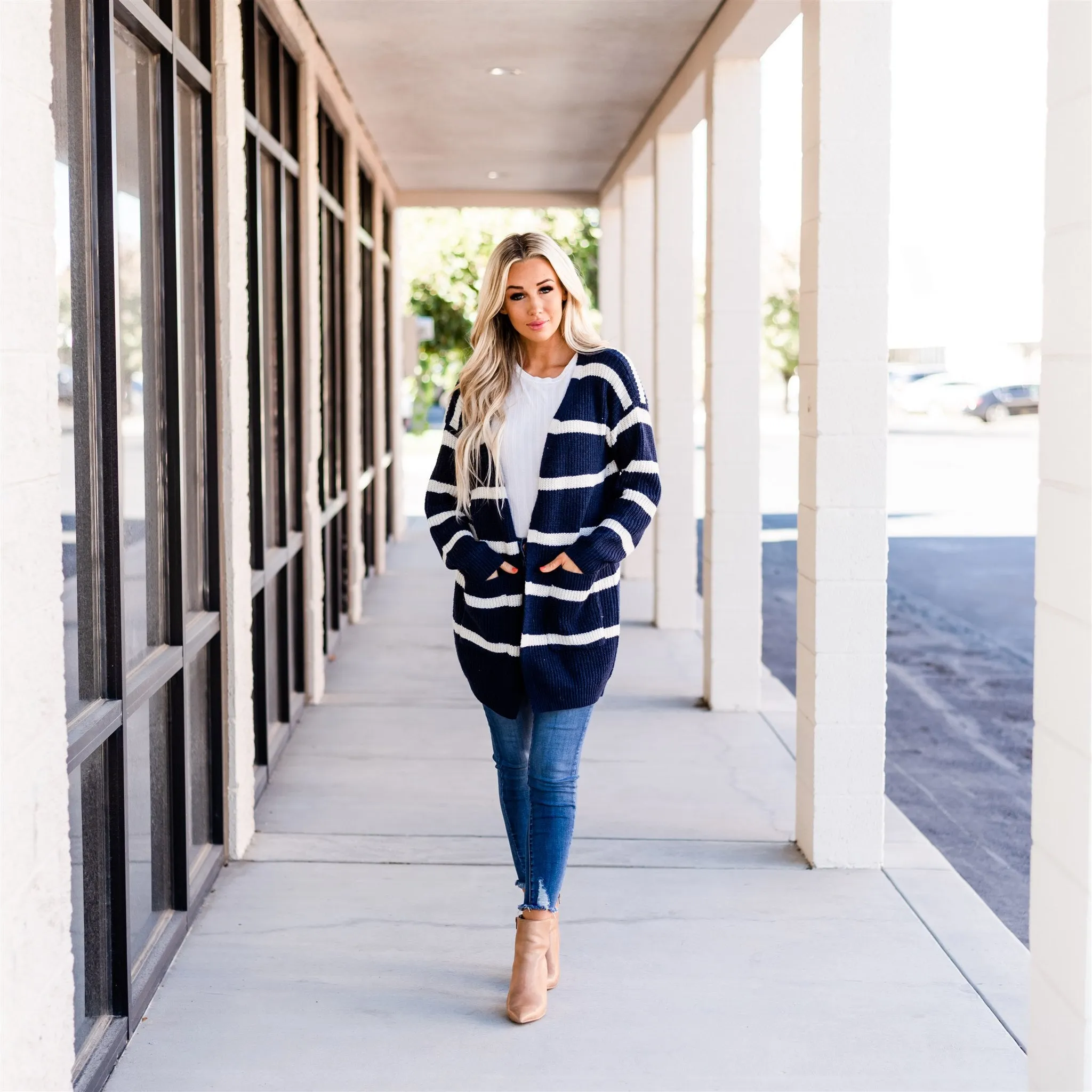 Long Cozy Striped Cardigan: Navy/Ivory