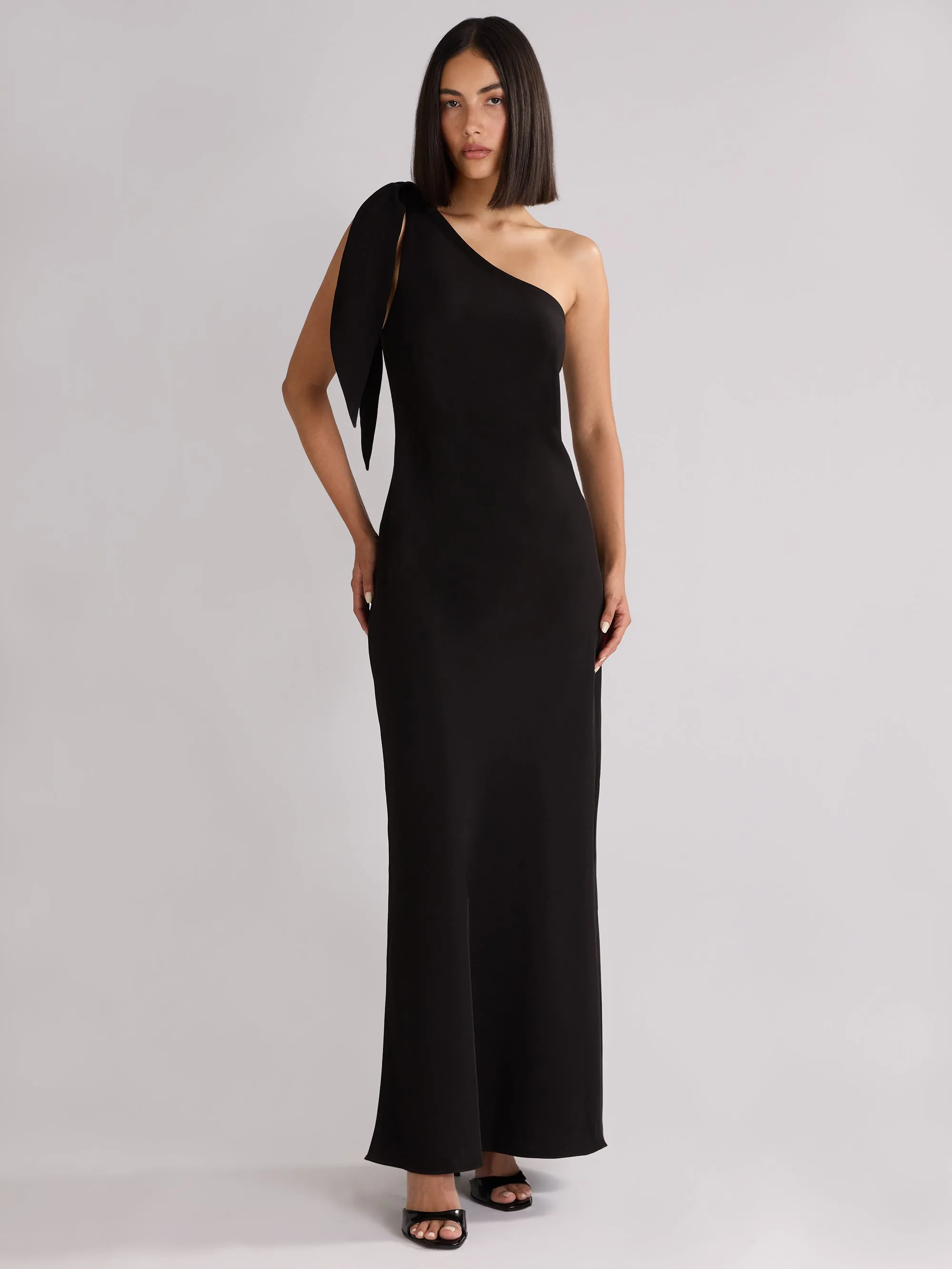 Petite Charlotte Black Crepe One Shoulder Maxi Dress