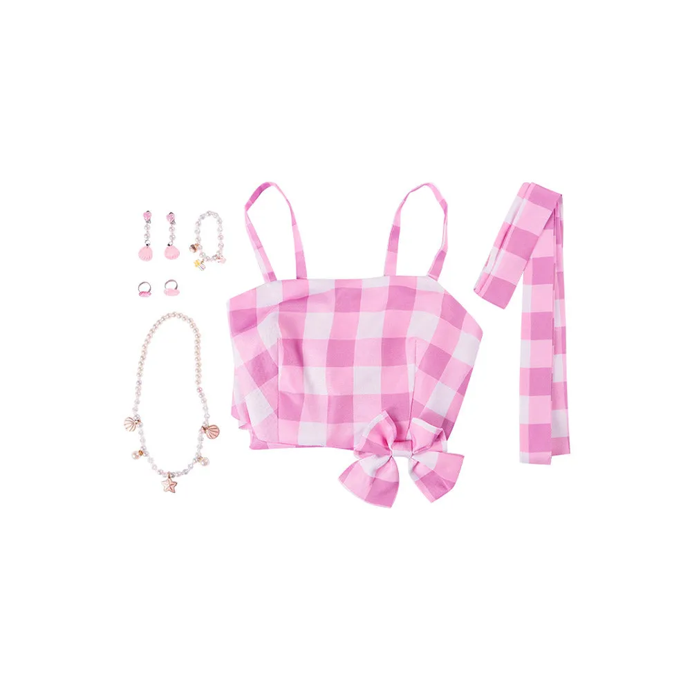 Pink Plaid Cosplay Beach Dress Cosplay Costume Halloween Carnival Disguise Roleplay Suit