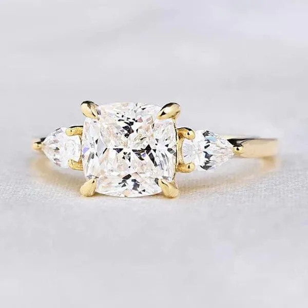 Three Stone Golden Tone Cushion Cut Sterling Silver Engagement Ring