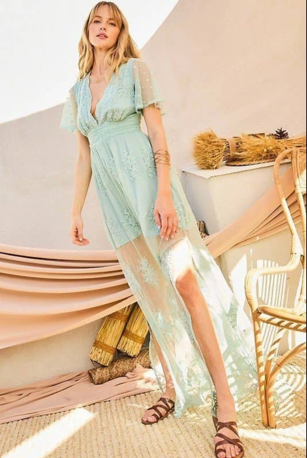 V Neck Ruffle Sleeve Side Slit Mesh Maxi Dress